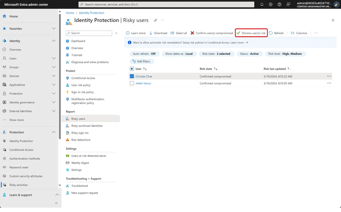 Entra admin center interface for dismissing user risk