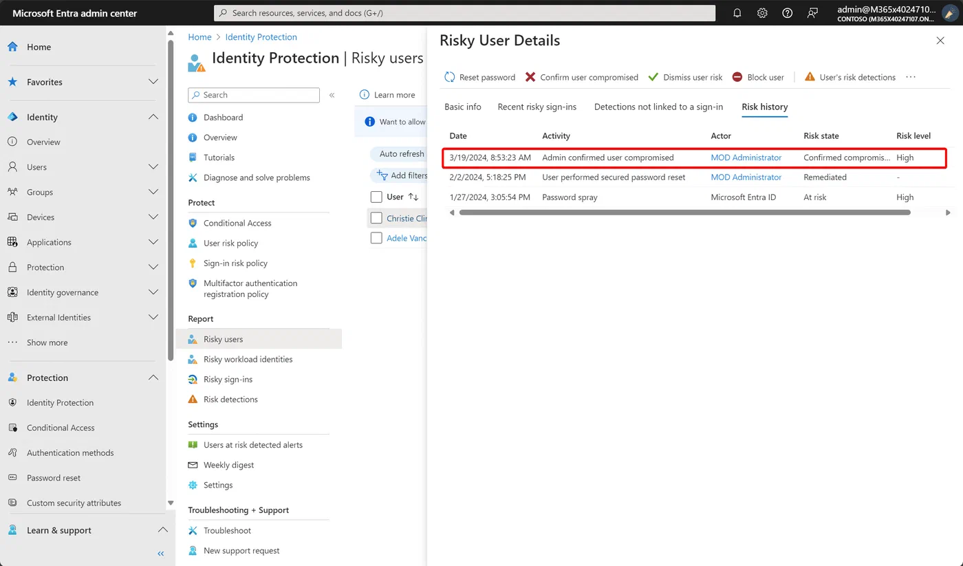 Entra admin center risky users page after confirming accounts as compromised