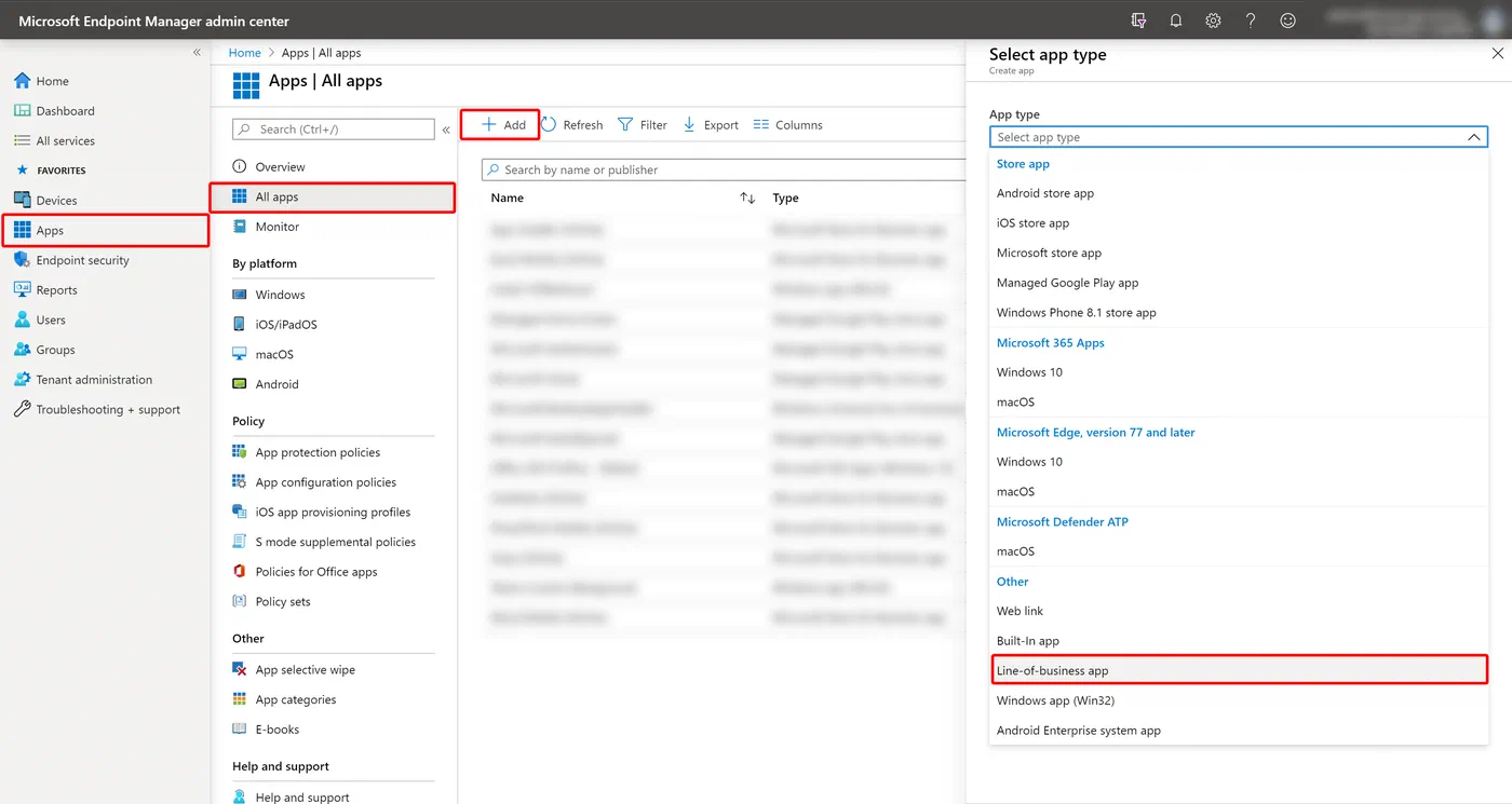 Intune admin center creating a new line of business Windows app