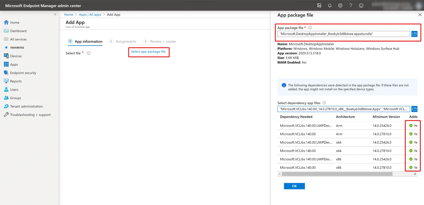 Intune app configuration selecting the Desktop App Installer bundle and dependencies