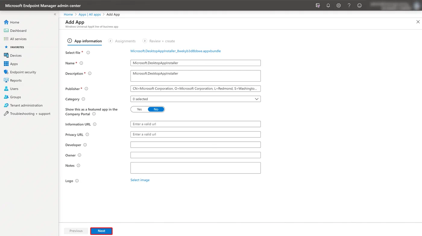 Intune assignment settings deploying the Windows Package Manager app to devices