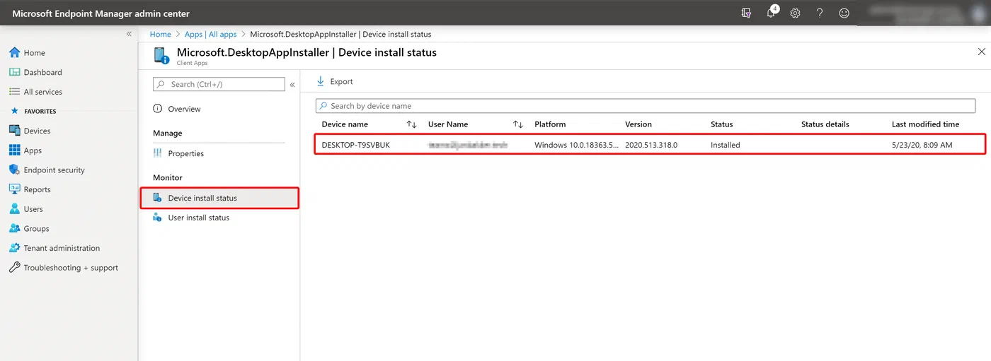 Intune device install status for the deployed line of business app
