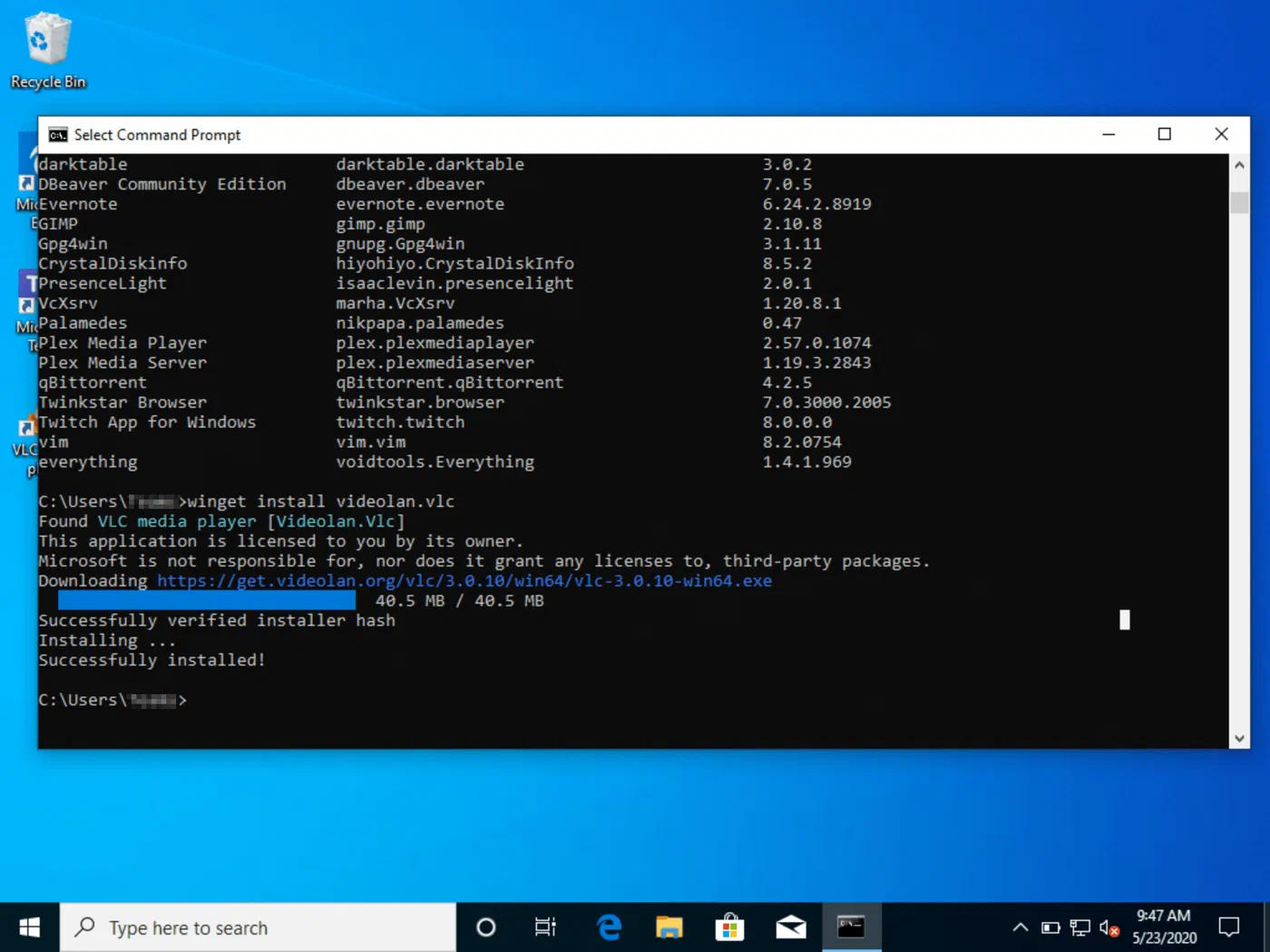PowerShell terminal showing VLC installed through the winget command line