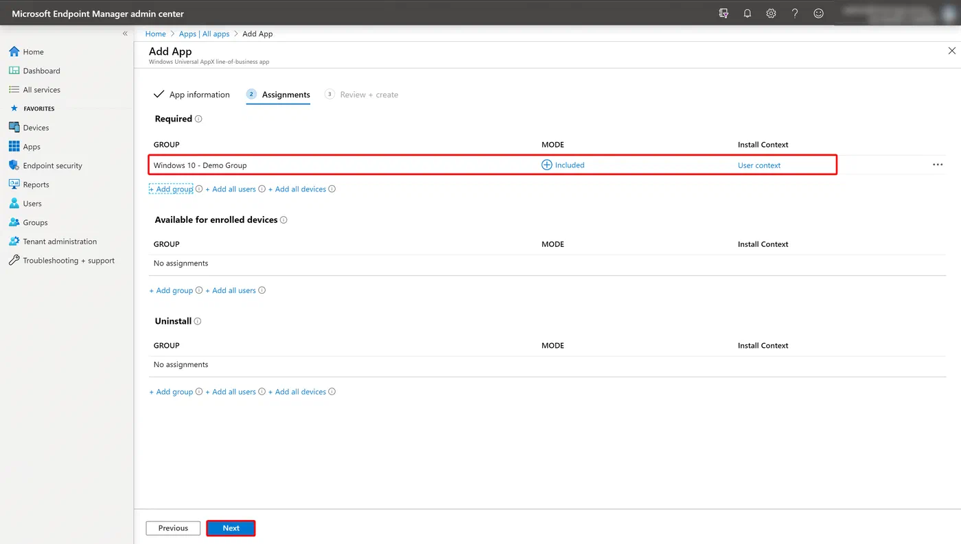 Intune deployment status for the Windows Package Manager application