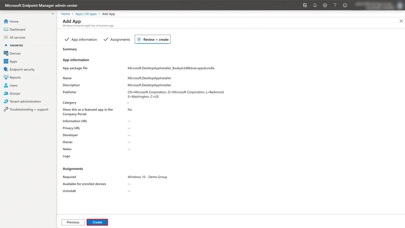 Windows device status for the assigned line of business application