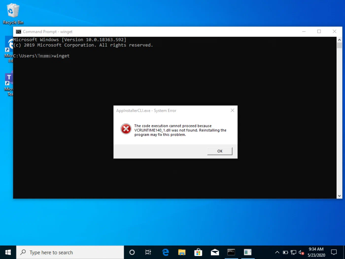 Windows virtual machine showing the Windows Package Manager installation