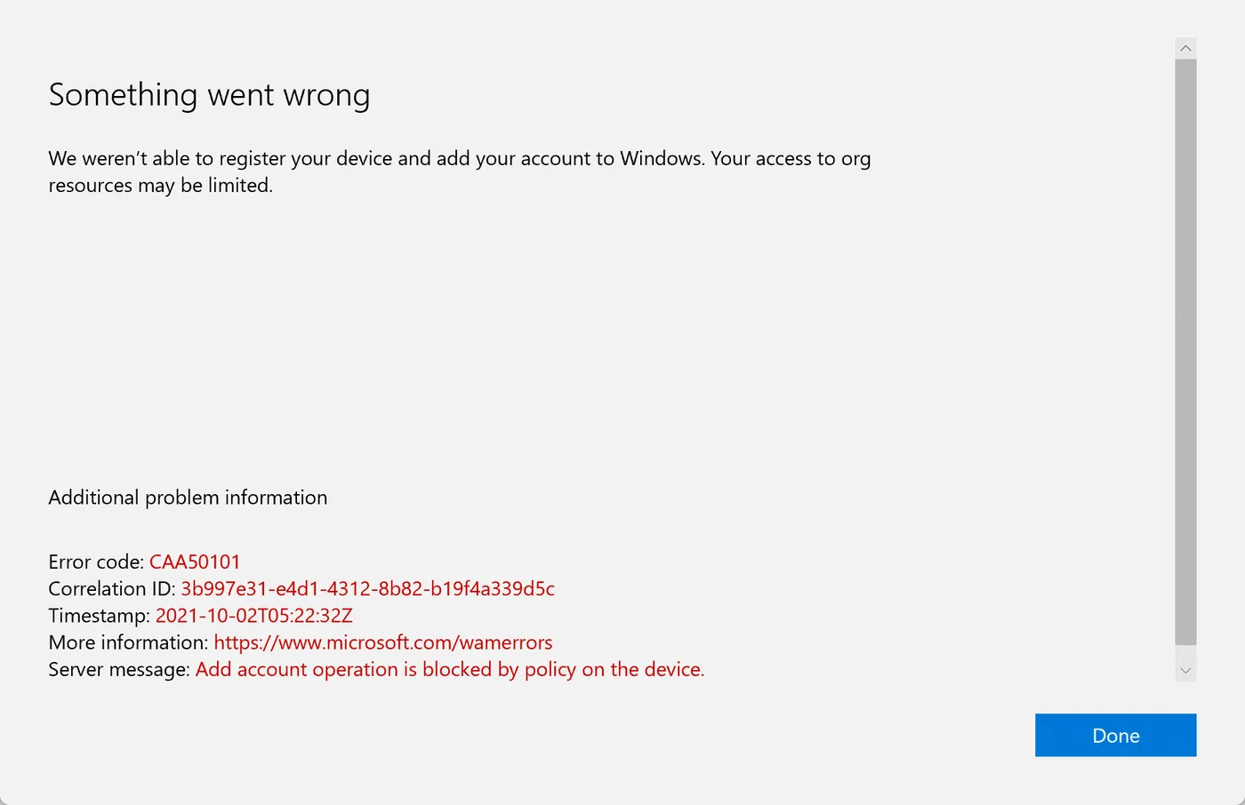 Windows account setup displaying the device policy error message