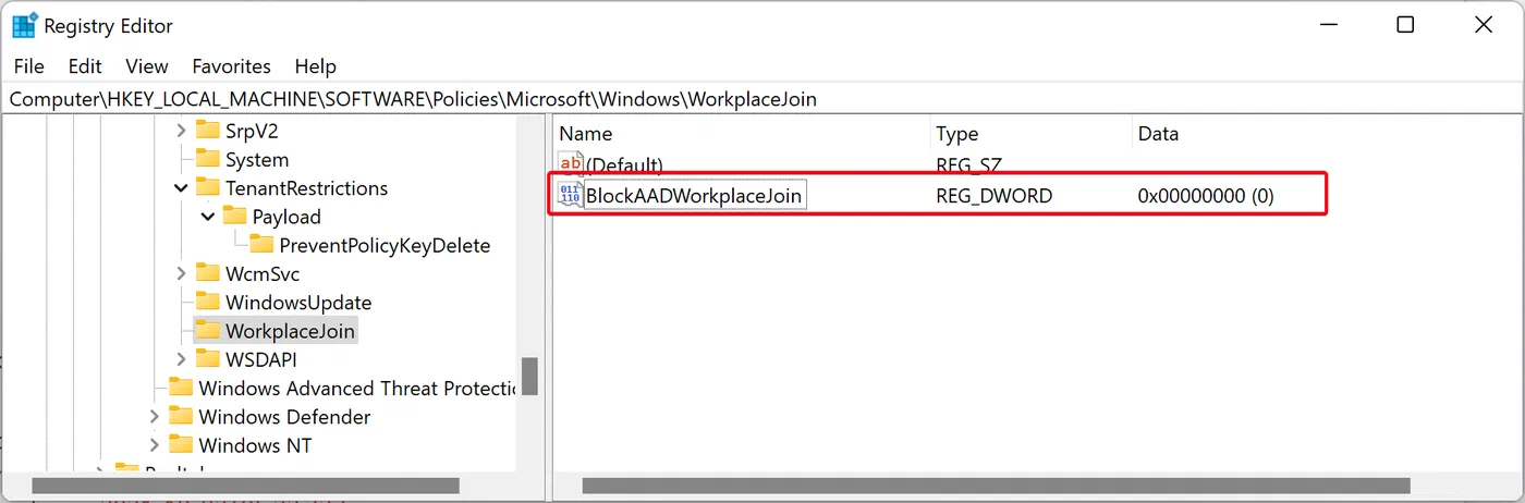 Windows Registry Editor showing the workplace join policy value