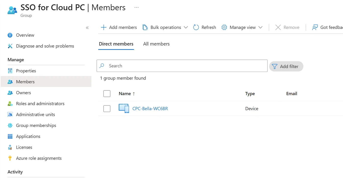 Screenshot showing Windows 365 Cloud PC single sign-on configuration (step 3)