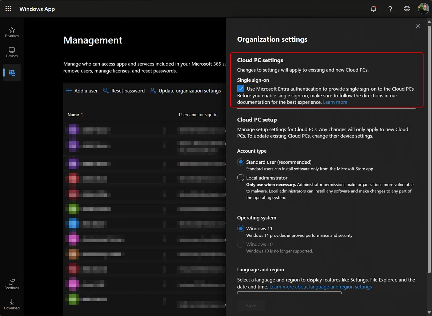 Screenshot showing Windows 365 Cloud PC single sign-on configuration (step 6)