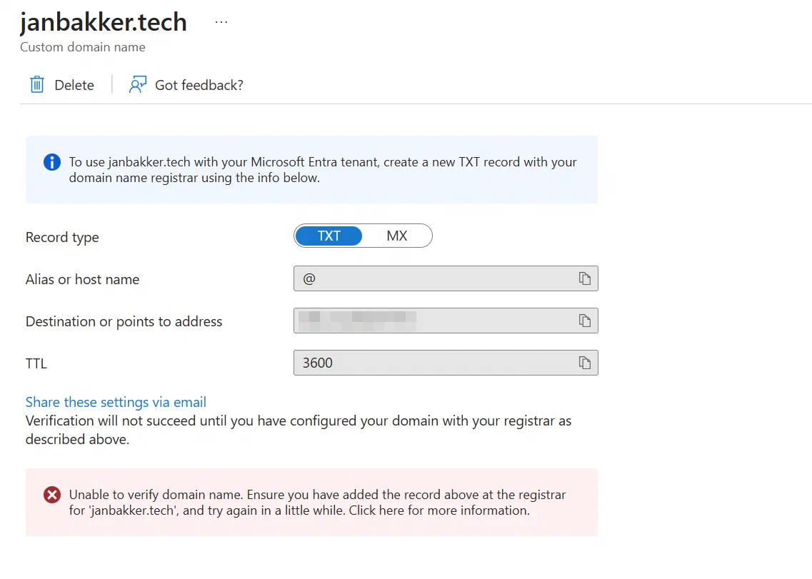Screenshot showing Entra ID custom domain verification troubleshooting (step 1)