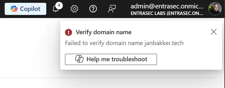 Screenshot showing Entra ID custom domain verification troubleshooting (step 2)