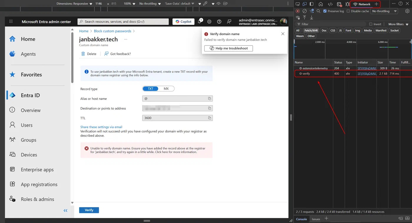 Screenshot showing Entra ID custom domain verification troubleshooting (step 3)