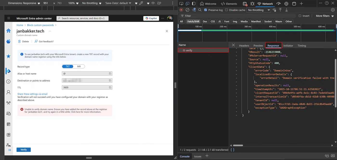 Screenshot showing Entra ID custom domain verification troubleshooting (step 4)