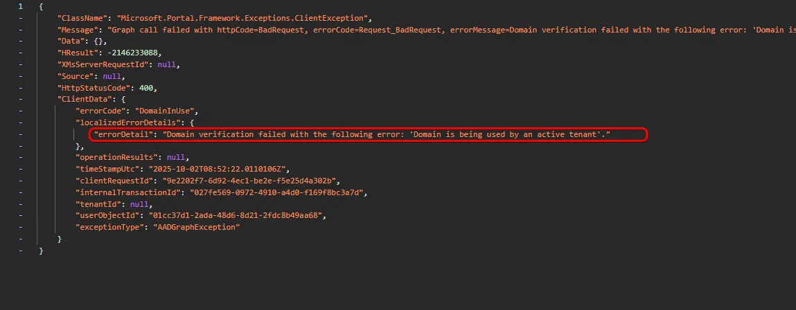 Screenshot showing Entra ID custom domain verification troubleshooting (step 5)