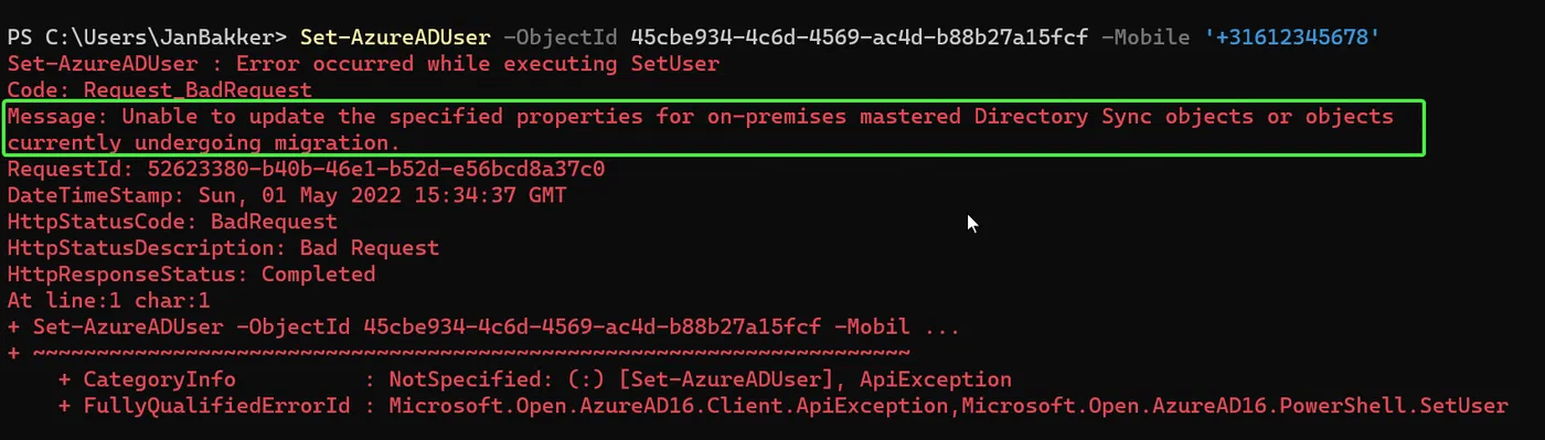 PowerShell comparison showing mobile phone updates for synced directory users