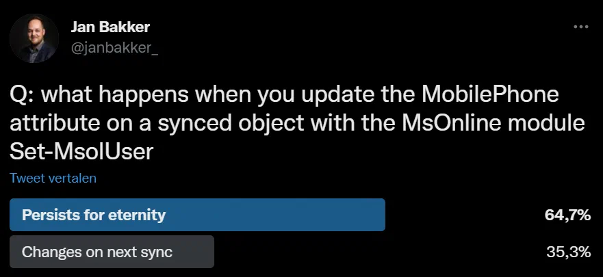 Twitter poll results about mobile phone number synchronization with Azure AD
