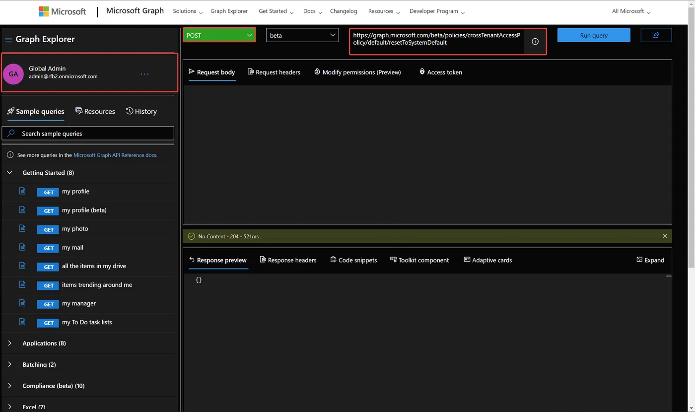 Graph Explorer showing the request to reset cross tenant access defaults