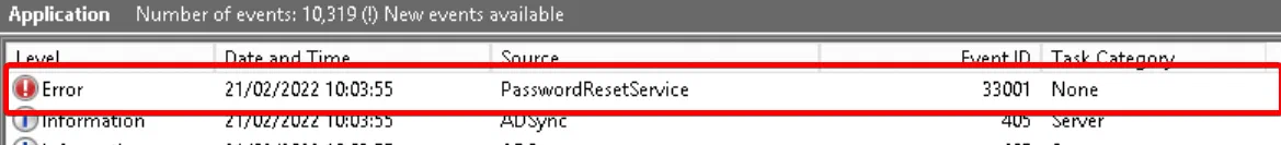 Windows Event Viewer showing an AD Connect password writeback error