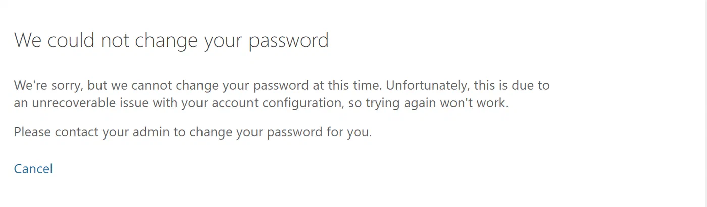 Self Service Password Reset portal showing a password writeback failure