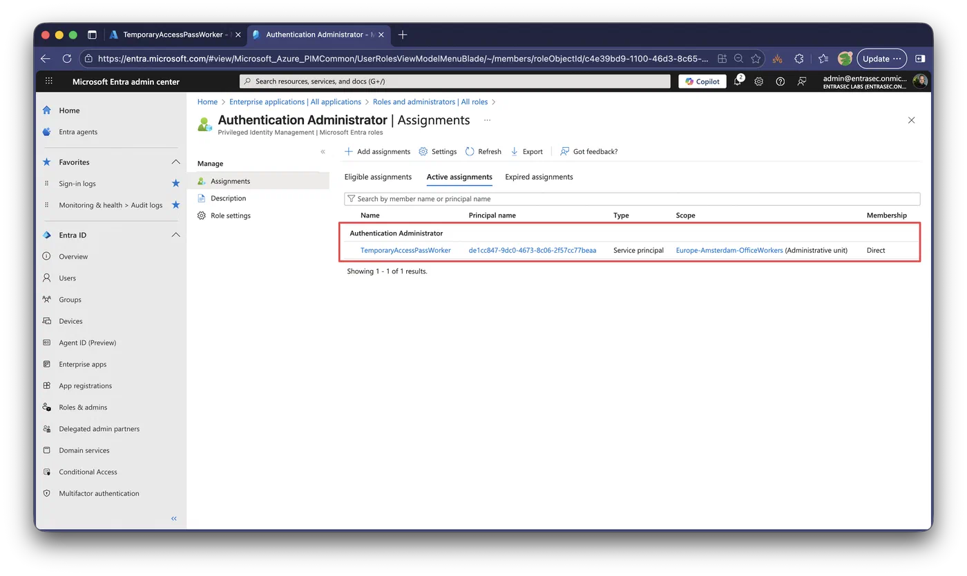 Screenshot showing Least-privilege Temporary Access Pass creation (step 5)