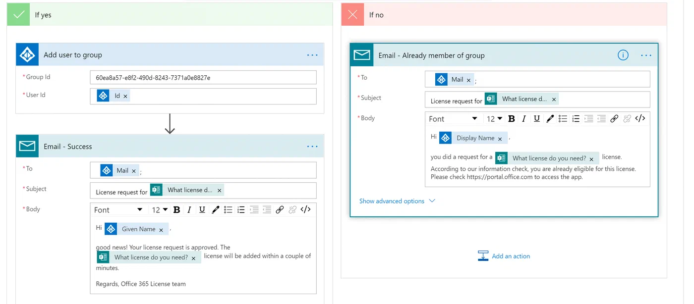 Power Automate branch adding users to a license group and sending notifications