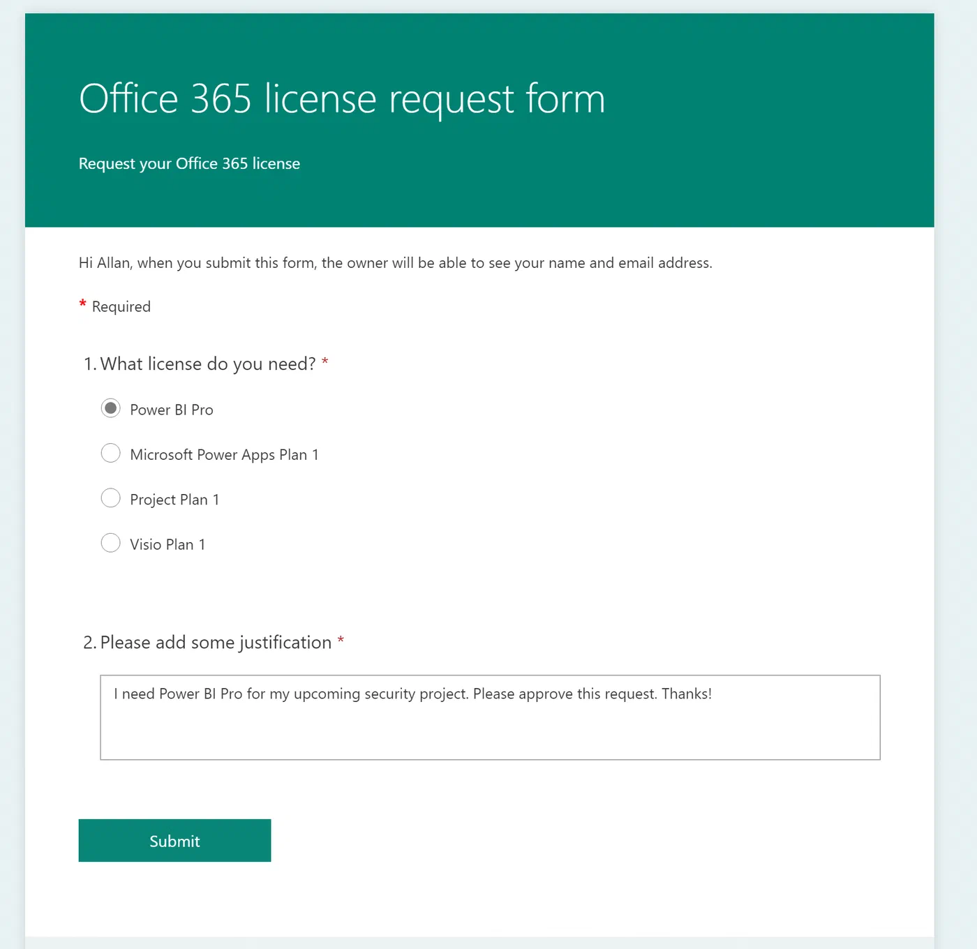 Microsoft Forms user request form for an on demand license