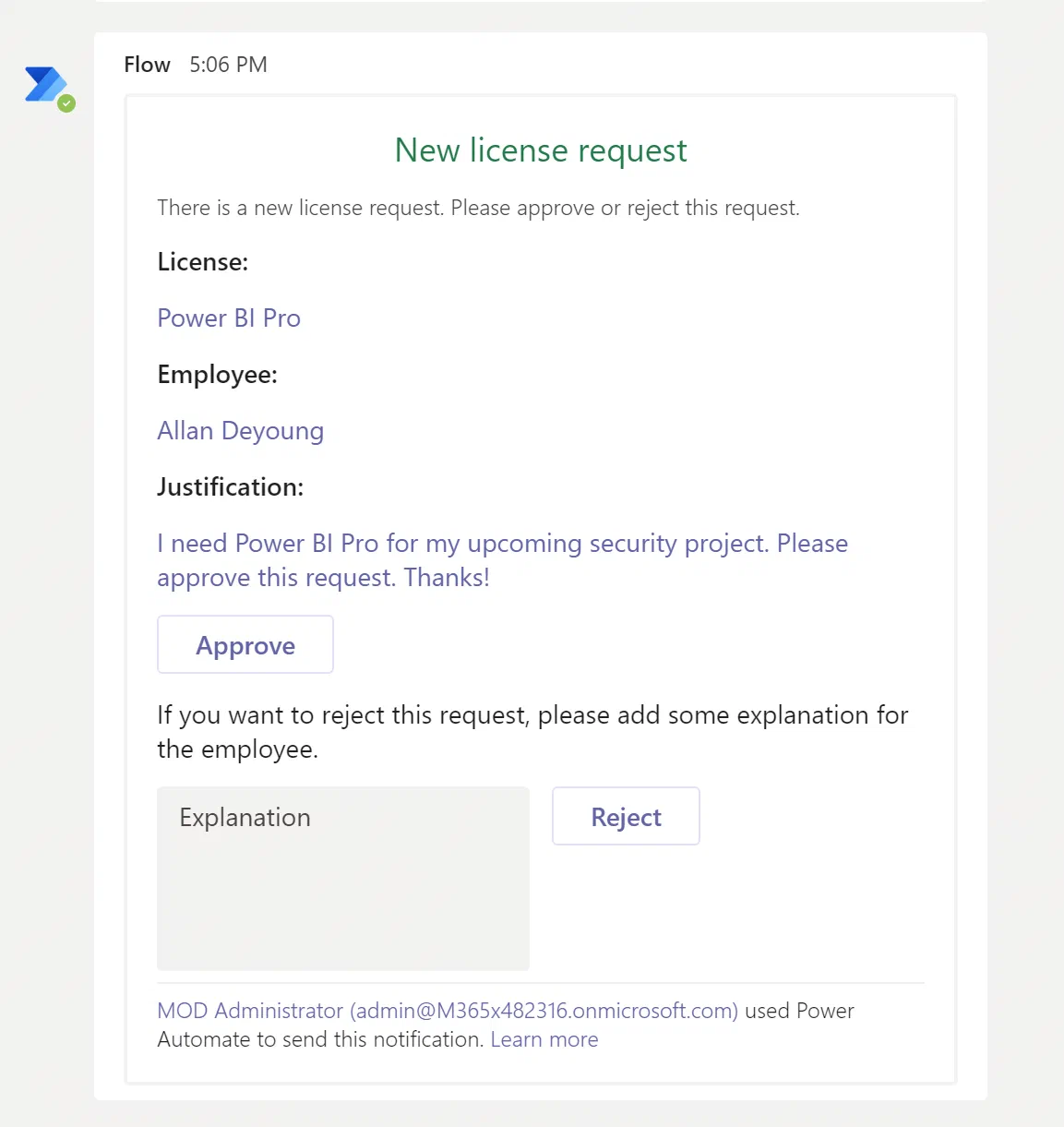 Microsoft Teams chat showing the adaptive card for license approval