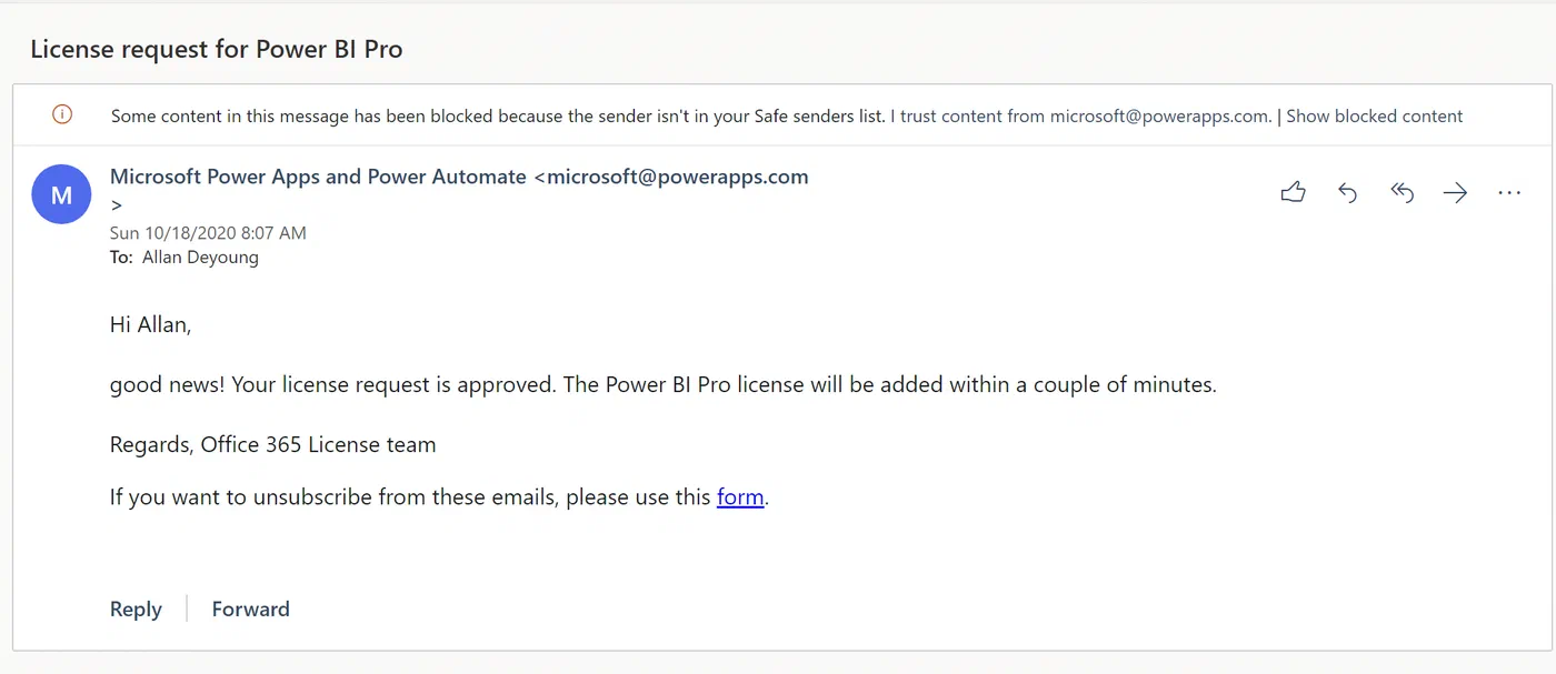 Email notification confirming an approved license request