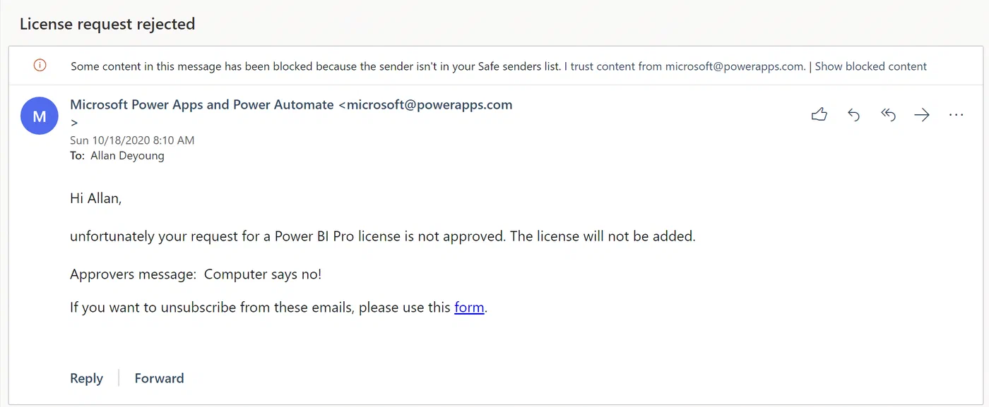 Email notification explaining that a license request was rejected