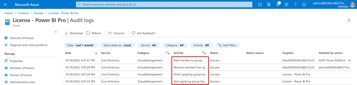 Azure AD audit log showing license group membership changes