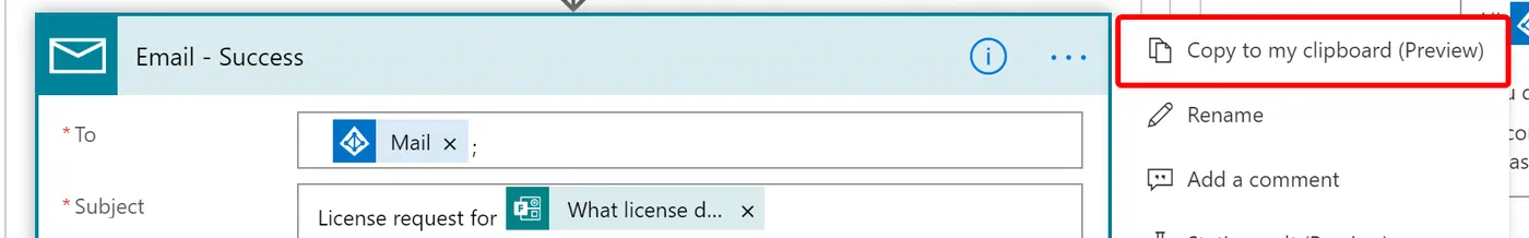Power Automate email action with duplicated license request notification content