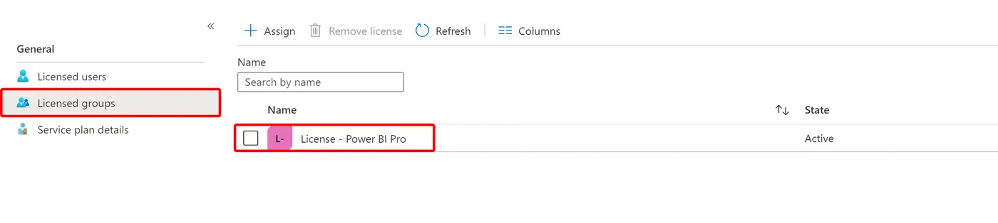 Azure portal license configuration showing groups assigned to a product
