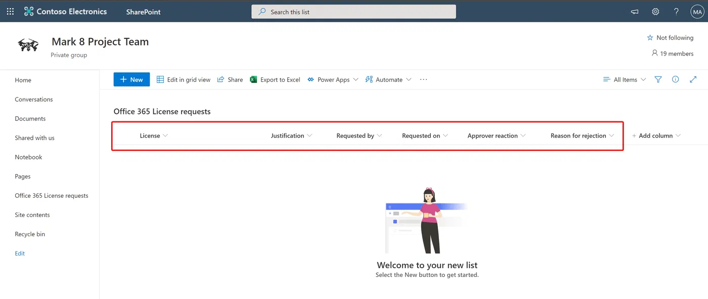 SharePoint list columns for tracking on demand license requests