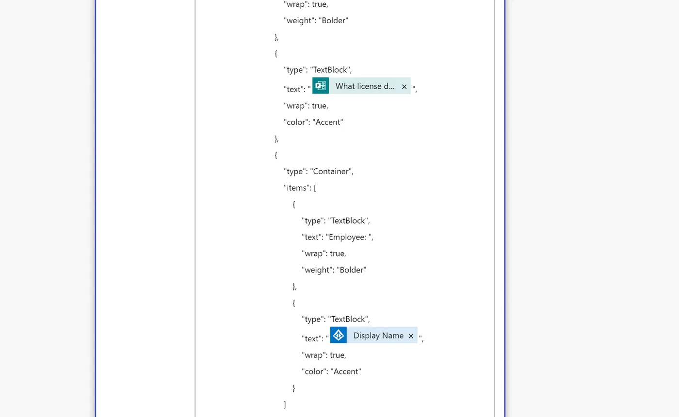 Power Automate approval action configured with adaptive card JSON