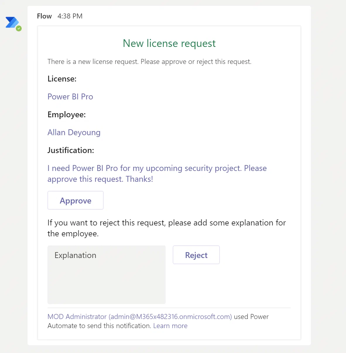 Teams adaptive card showing a license request with approval options
