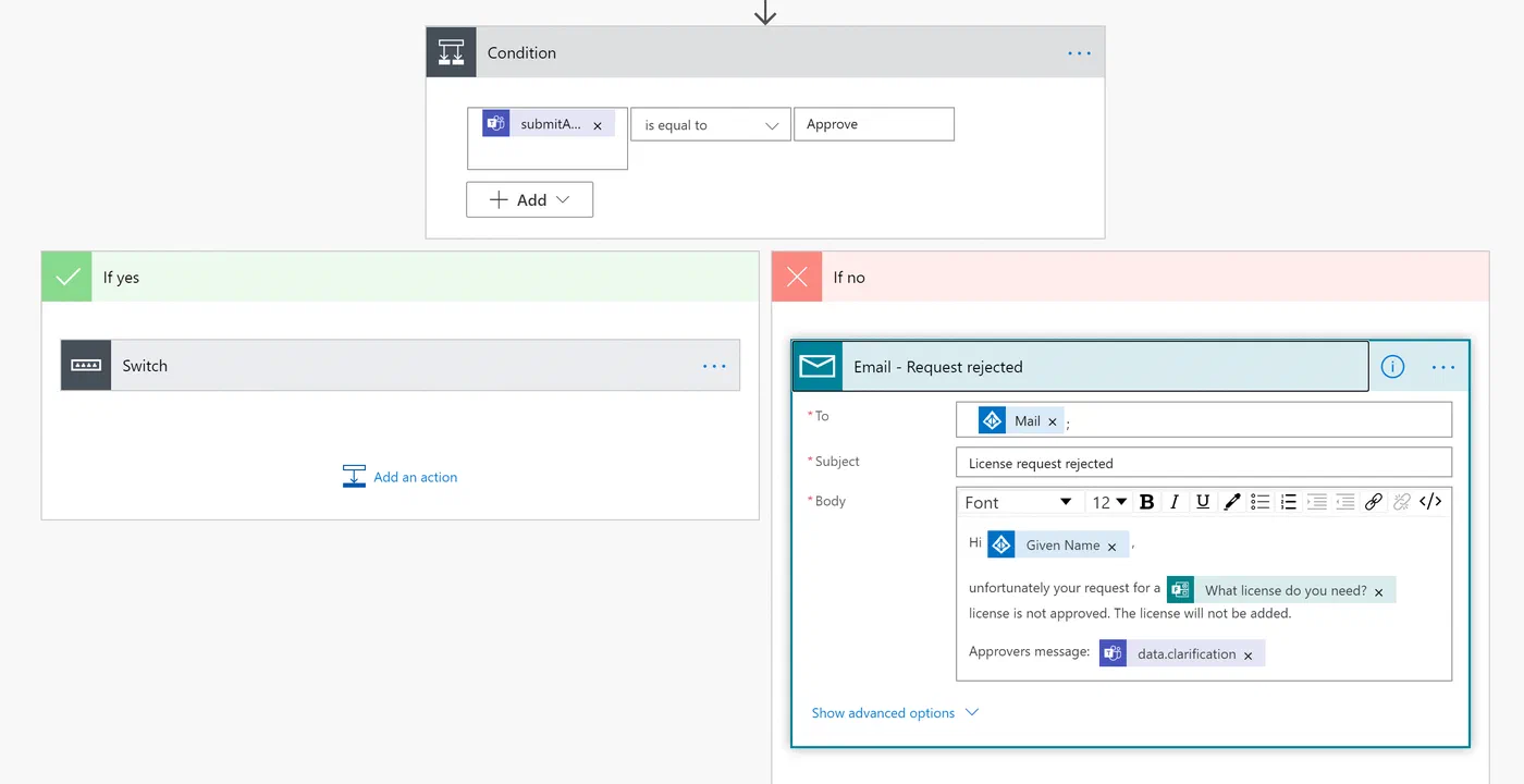 Power Automate condition evaluating the approver’s adaptive card response