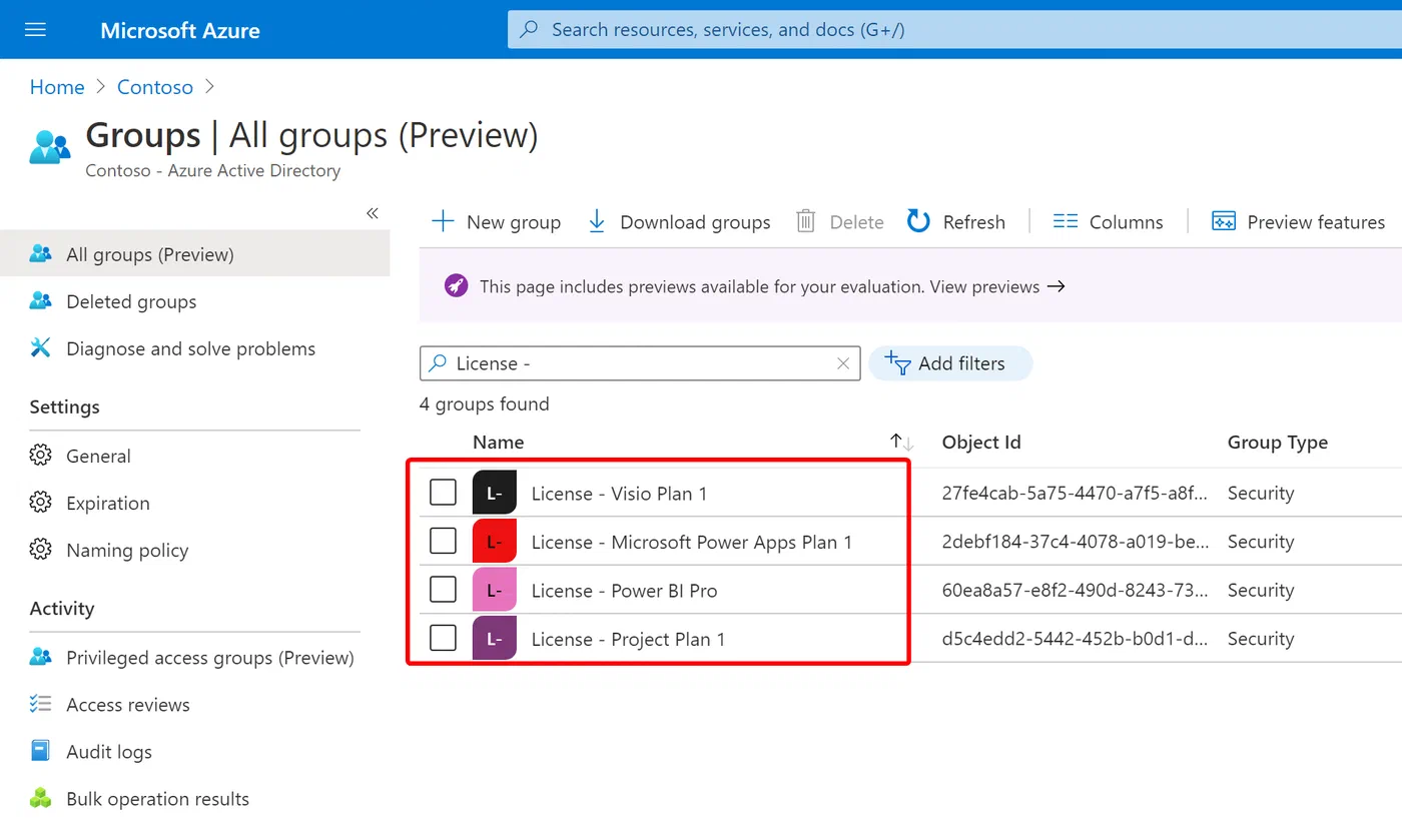 Azure portal groups configured for group based license assignment
