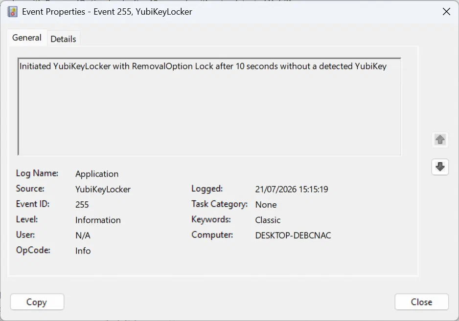 YubiKey removal detection setting