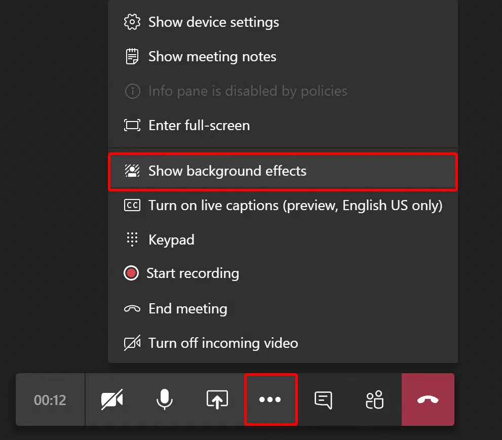 Microsoft Teams meeting screen showing the custom background selection interface