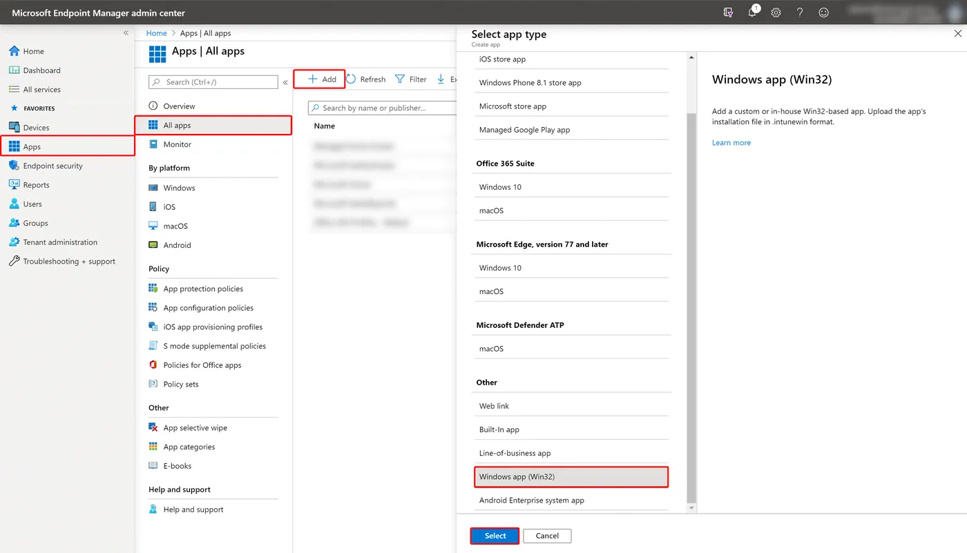 Intune admin center starting the creation of a new Win32 application