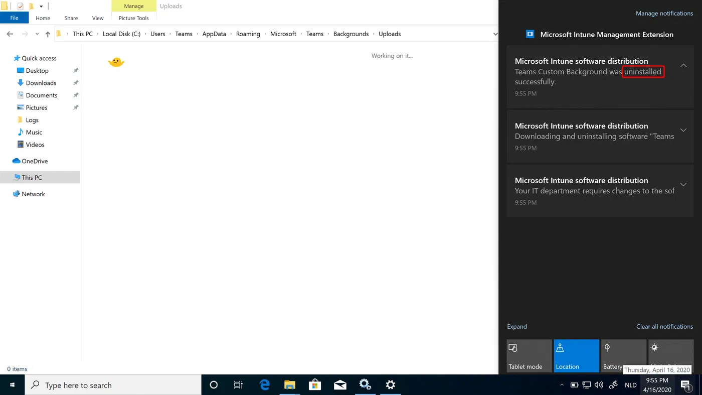 Windows device showing removal of the deployed Teams background image
