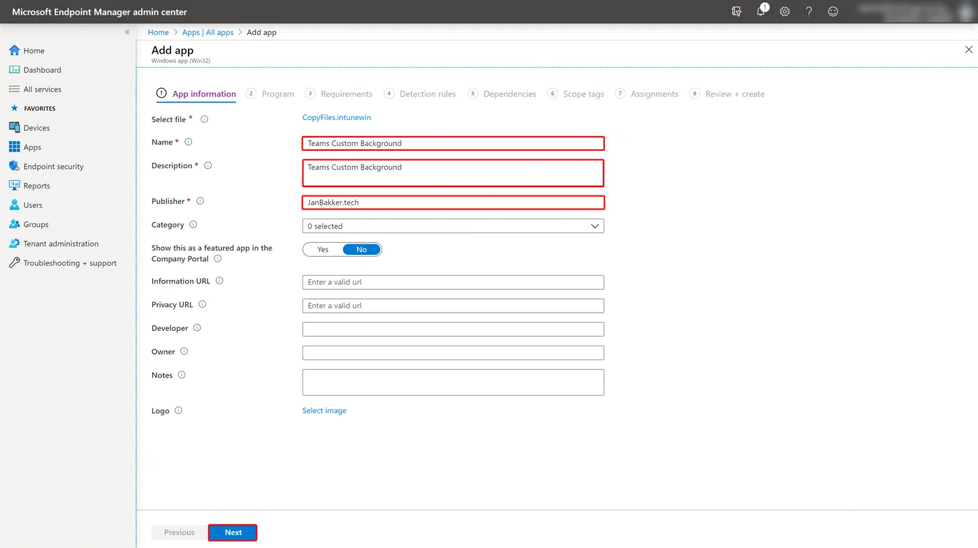 Intune Win32 app details form for name, description, and publisher