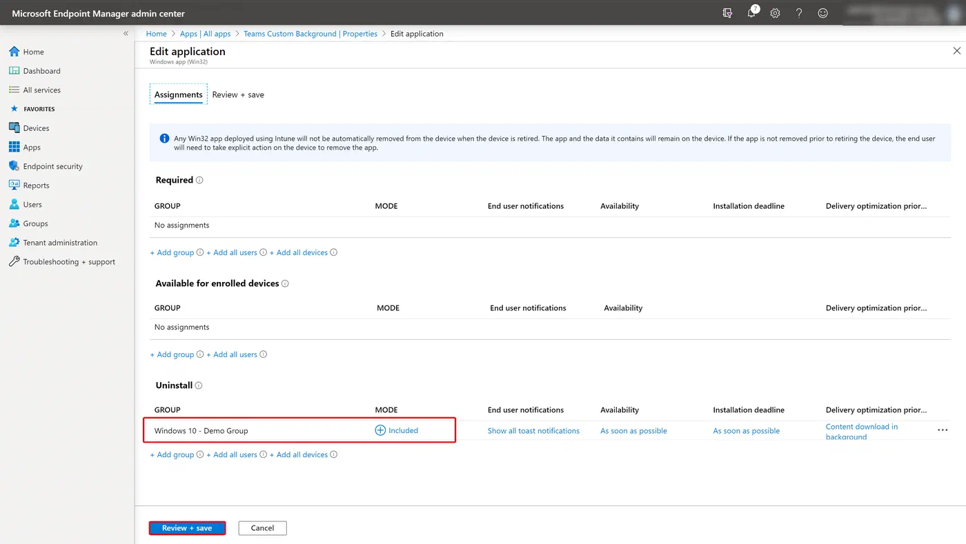 Intune uninstall assignment settings for removing the custom background app