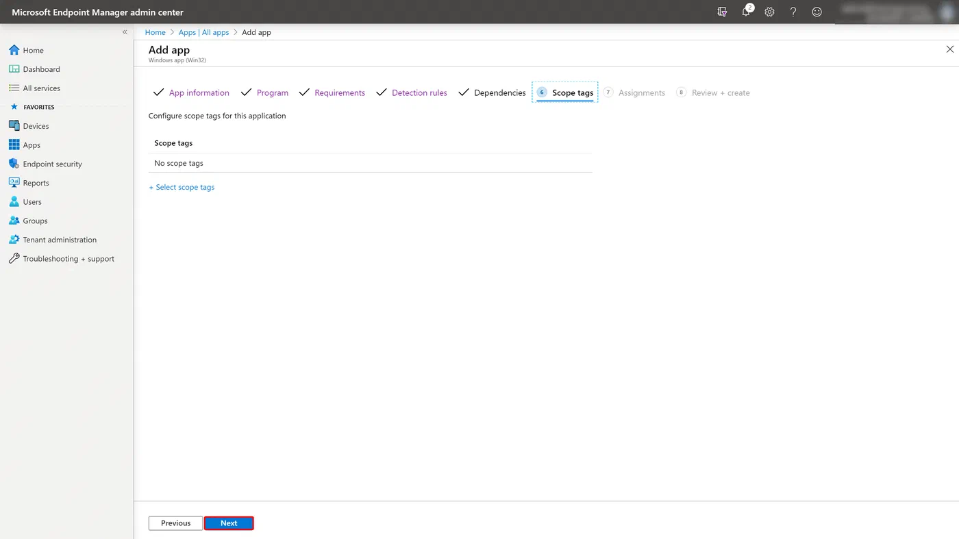Intune Win32 app scope tag configuration before continuing