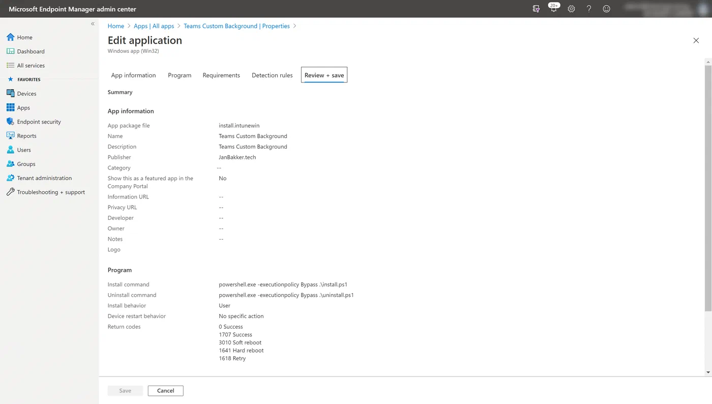 Intune Win32 app review screen before creating the custom background app