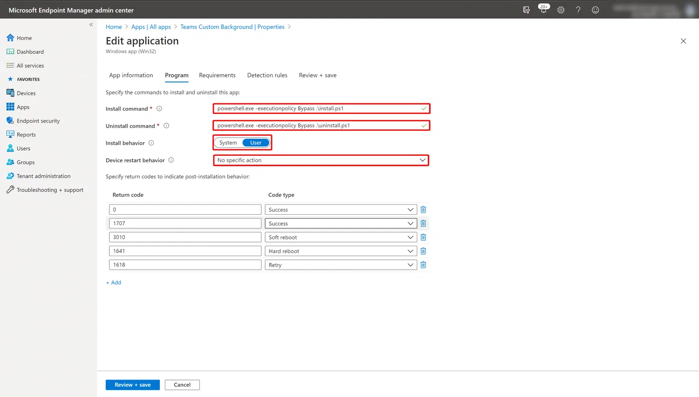 Intune Win32 app program settings for install and uninstall commands