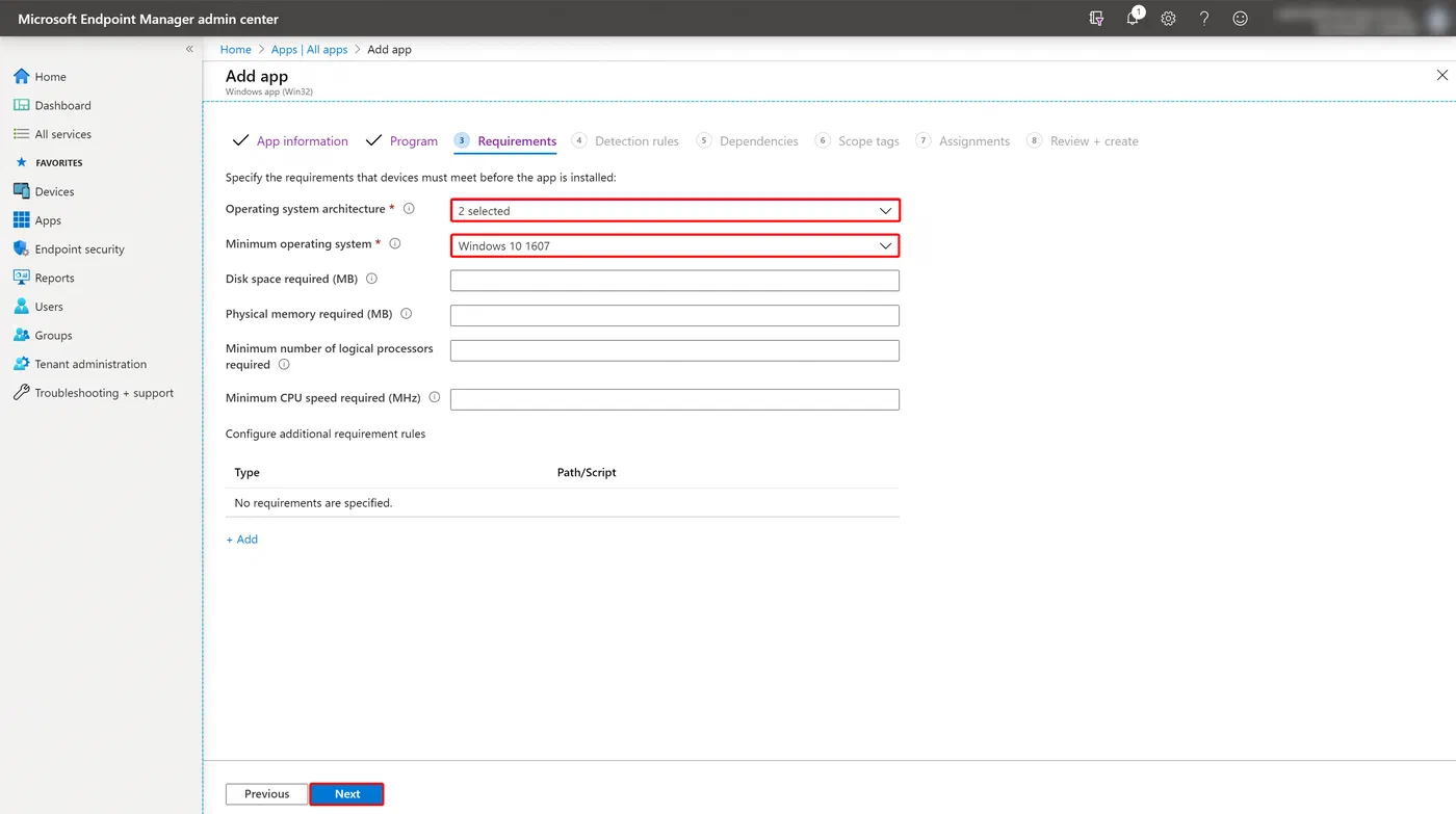 Intune Win32 app requirements configuration for supported devices