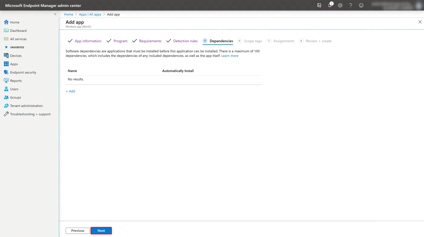 Intune Win32 app dependency configuration before continuing