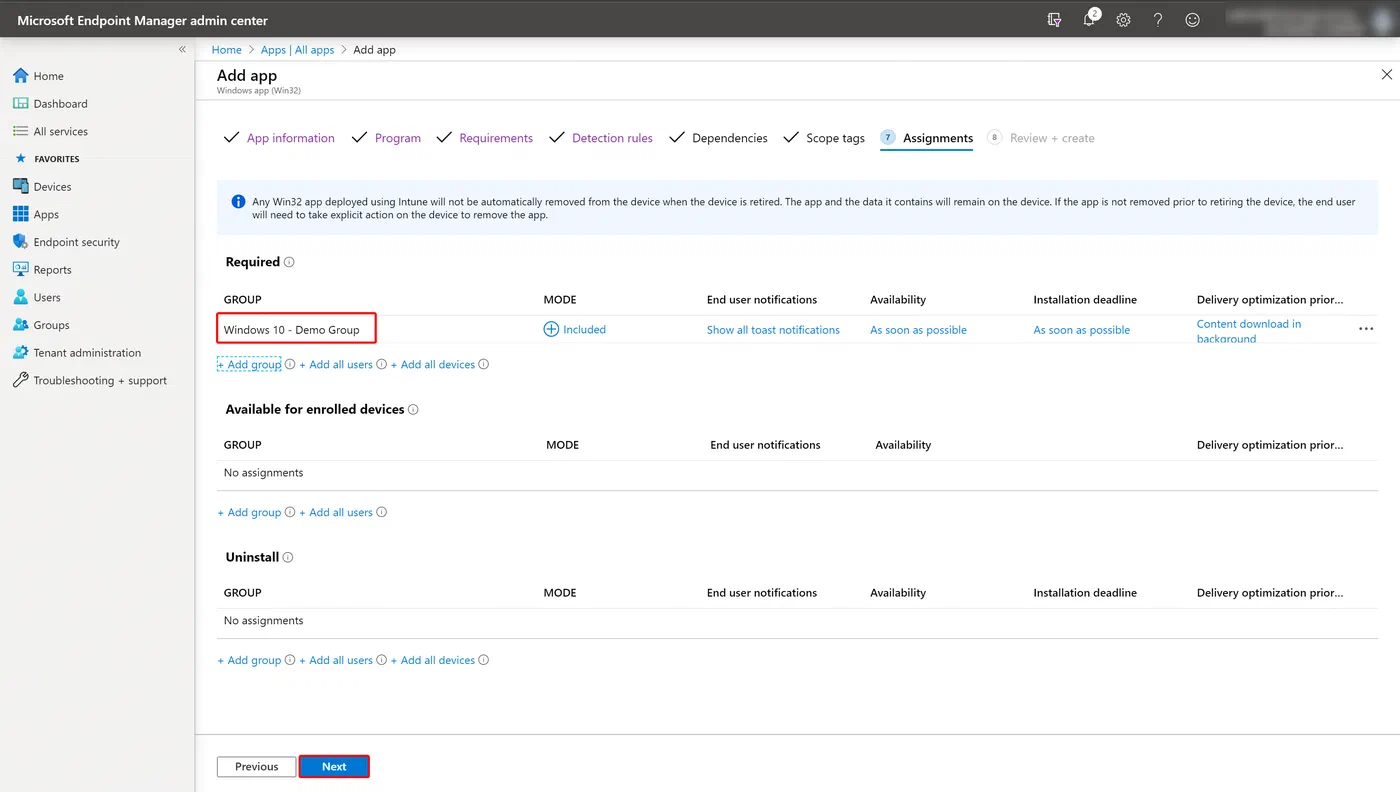 Intune Win32 app assignment targeting a user or device group